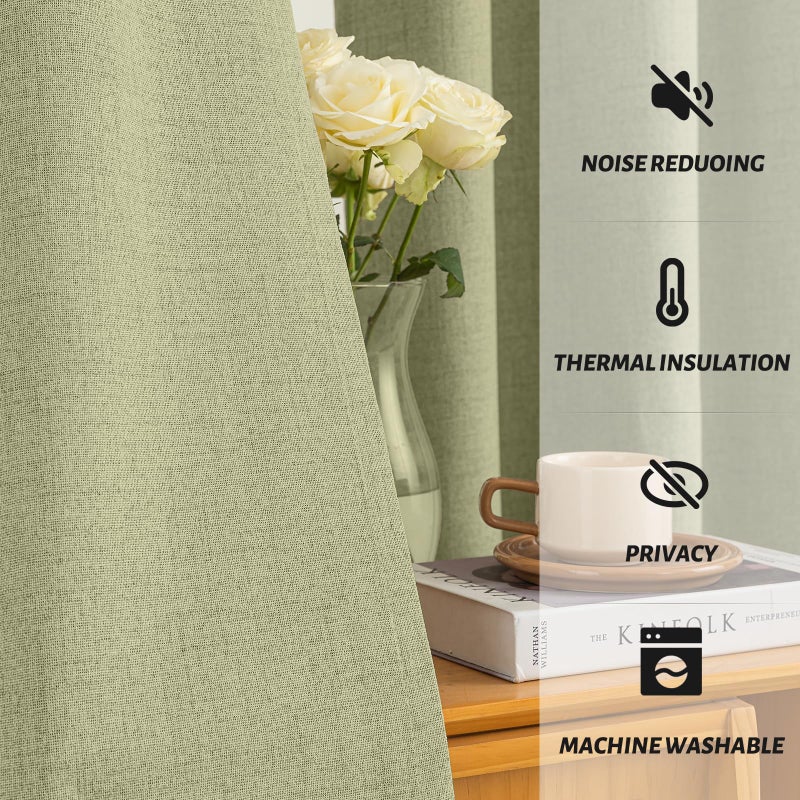 Yakamok Sage Green Linen Curtains 100% Blackout 63 Inches Long,Room Darkening Textured Curtains for Living Room Thermal Grommet Bedroom Curtains 2 Panels with Greyish White Liner - Image 5